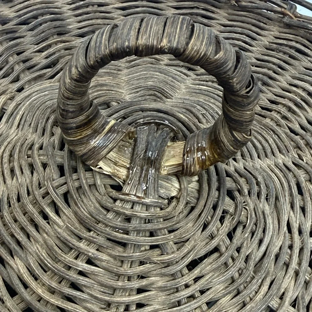 Vintage Round Wicker Sewing Basket Paisley Fabric Lining Dark Brown Storage Lid